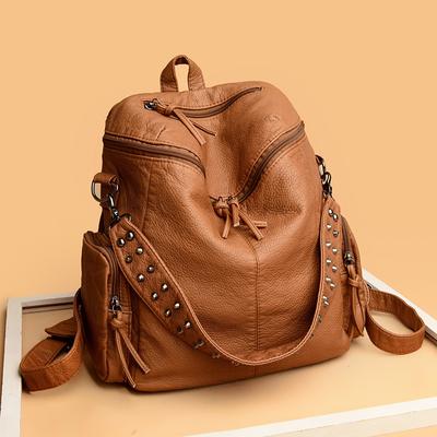 Women'S Bag, Washing Skin, Rivets, Backpack, Trendy Simple Travel, Big Backpack.