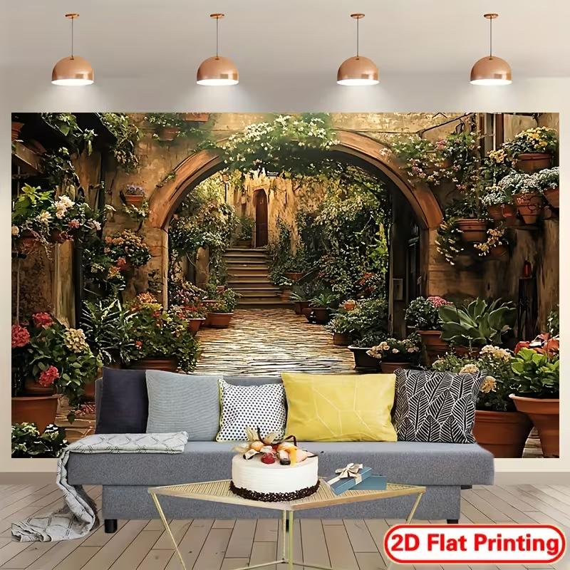 2D Mediterranean Flower Alley Backdrop Rustic Stone Path Photo Booth Background