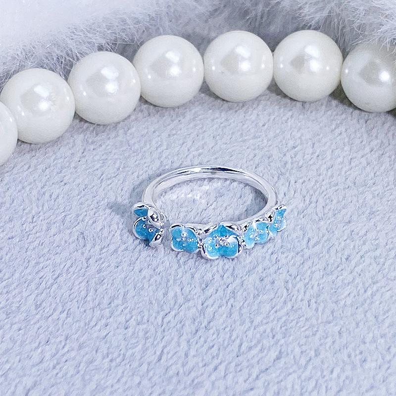 Blue Enamel Oil Drop Flower Bow Star Opening Ring Women'S Niche High-End Light Luxury Ring