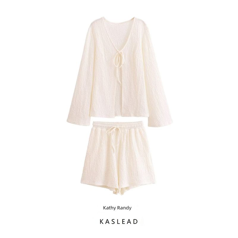 Kaslead New Arrival Women's Clothing Fashion Style Fashion Minimalist Tether Cardigan Casual Half-Length Shorts Suit