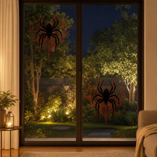 Static Glass Sticker, Reusable Halloween Window Decal, Black Spider Red Web Pattern Window Sticker for Home Store Kindergarten Decor