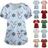 Women's Christmas Print Loose Fit V-Neck Short Sleeve Scrub Top with Pockets for Work