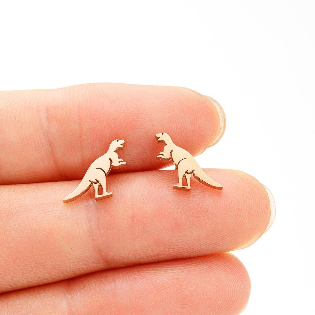 Korean-Style Cute Dinosaur Stud Earrings for Women - Adorable Mini Animal Cartoon Designs In Stainless Steel.