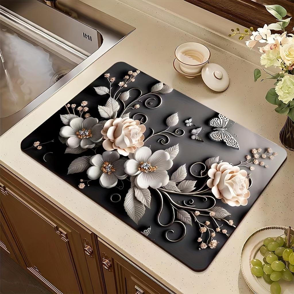 3D Fresh Flower Pattern Absorbent Tableware Dish Drying Mat Kitchen Bottle Anti-slip Rug Luxury Kettle Dinnerware Counter Tool