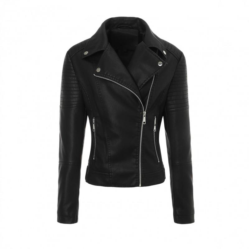 Womens Vintage PU Leather Jacket Quilted Zip-Up Slim Fit Biker Coat Lapel Collar