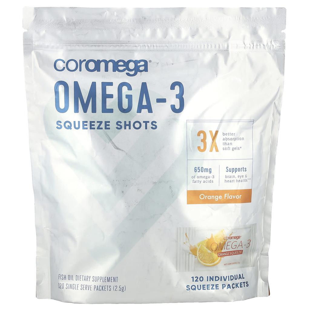 Coromega, Omega3, Squeeze Shot, Orange, 120 serving pack, 2.5g each