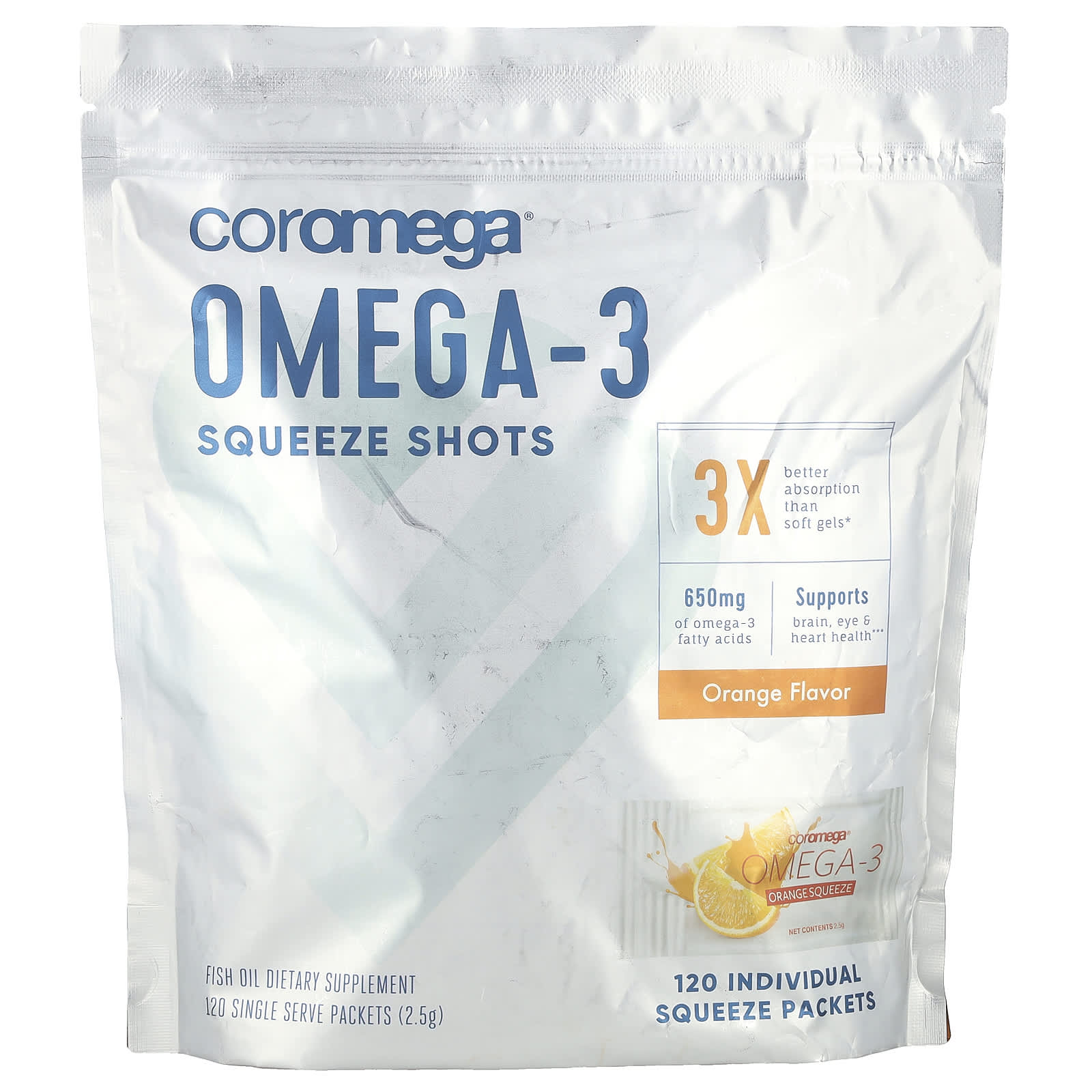 

Coromega, Omega3, Squeeze Shot, Orange, 120 serving pack, 2.5g each