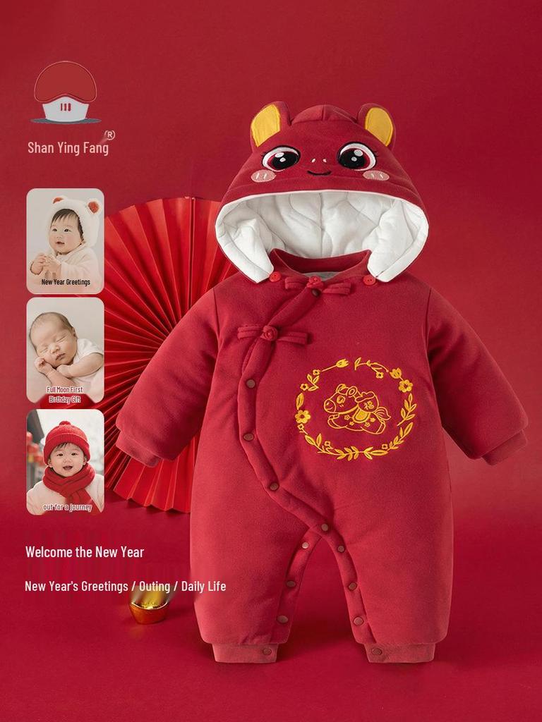 Neuer glücklicher roter Baby-Winteroverall - Dicke Baumwolle festliche Oberbekleidung für das Neue Jahr