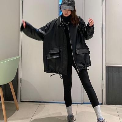 Streetwear Zwarte PU Kunstleer Jassen en Jackets Dames Zak Lange Mouw Y2K Gotisch Herfst Lente Dames Jackets Bovenkleding