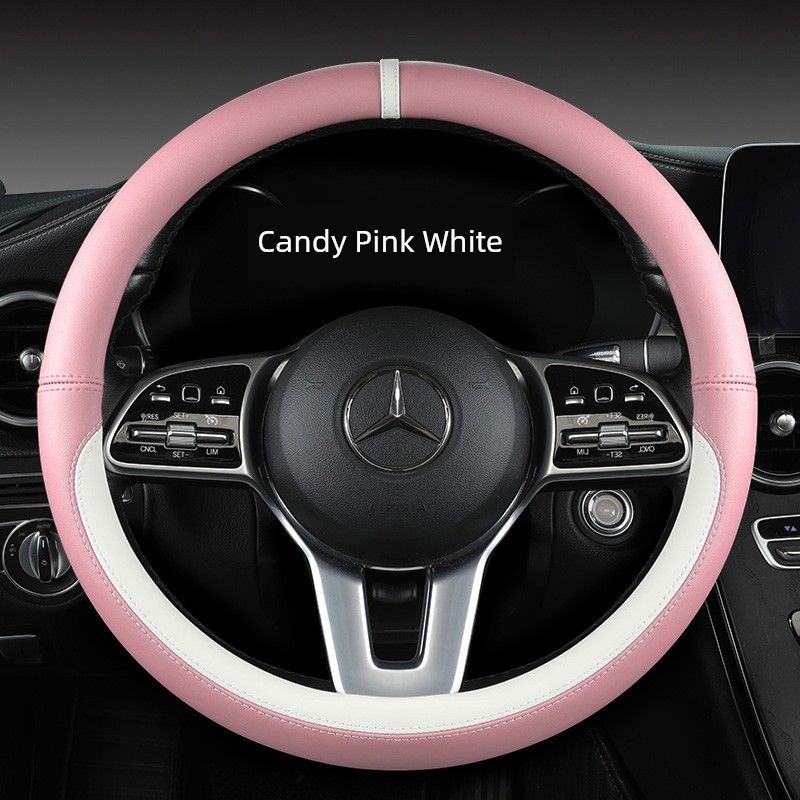 

New Car Steering Wheel Cover All Year Round Neutral Fashion Color Contrast Non Slip Abrasion Resistant Napa Leather Car Steering Wheel Cover Candy pink white