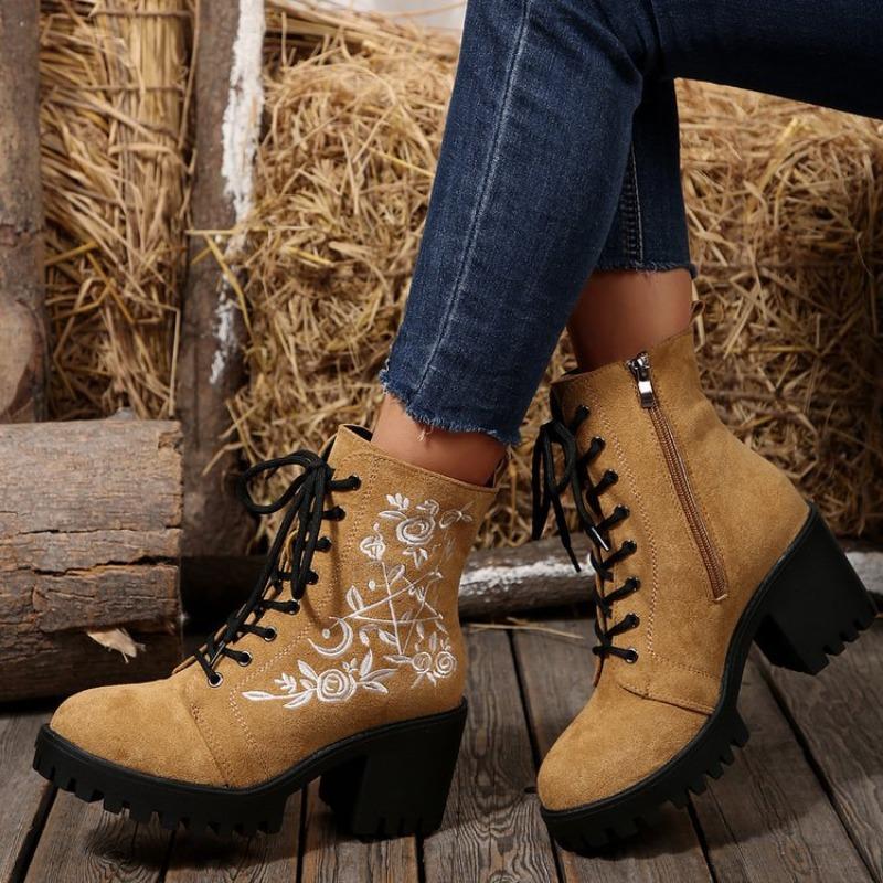 Women's Plus-Size Block Heel Embroidery Lace-Up Combat Boots - 2025 Autumn/Winter New, Wide Calf, Fashion Casual, Wholesale