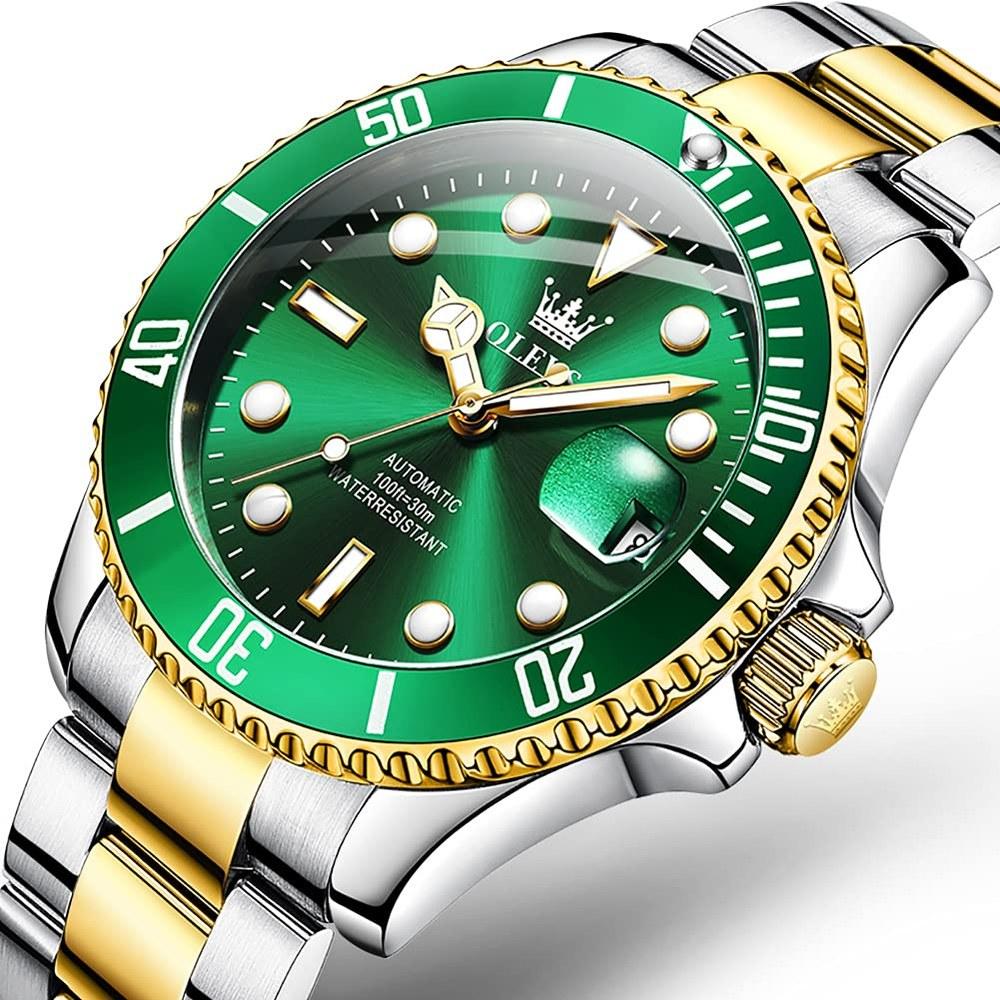 OLEVS Men's Mechanical Automatic Watch G6650 Waterproof Luminous Date Stainless Steel Green and Gold