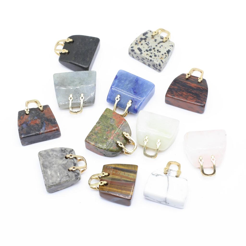 1Pc, Reiki Healing Crystal Carved Handbag Ornament Decoration, Mini Fashion Natural Stone Amethyst Agate Gemstone Home Decor Jewelry Gifts 27×25mm