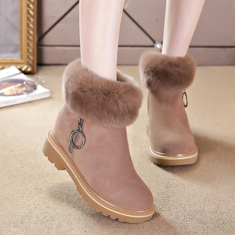 Snow boots for women, inner heightening short boots, velvet Martin boots with thick soles, new rabbit fur casual cotton boots in winter