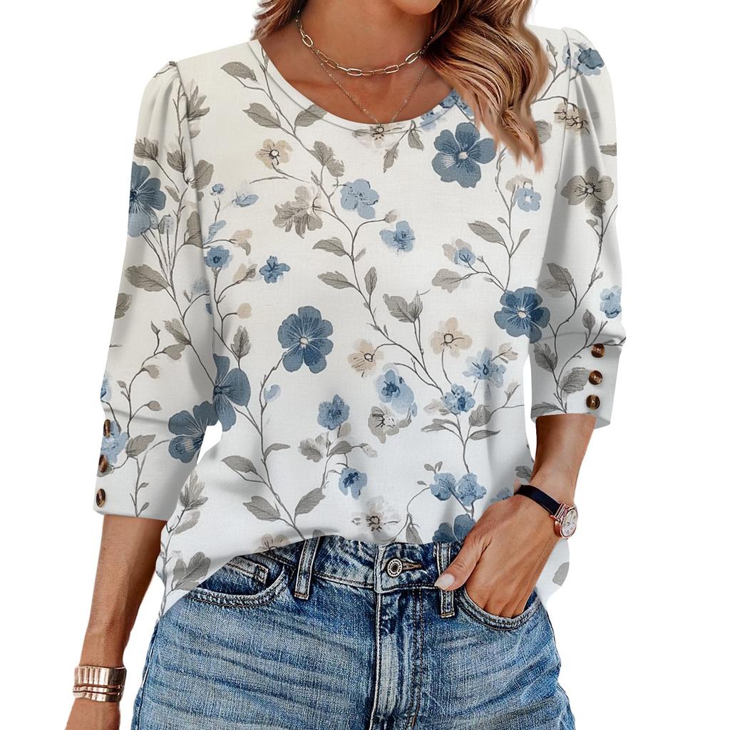 Womens Tops 3/4 Sleeve With Buttons Casual Blouses Summer Outfits Beach Vacation Clothes