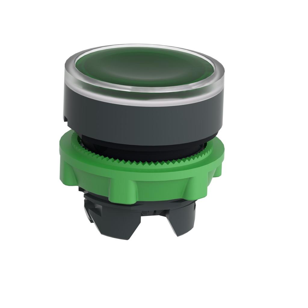 Flat Pushbutton Head with Automatic Return, LED, Green Plastic