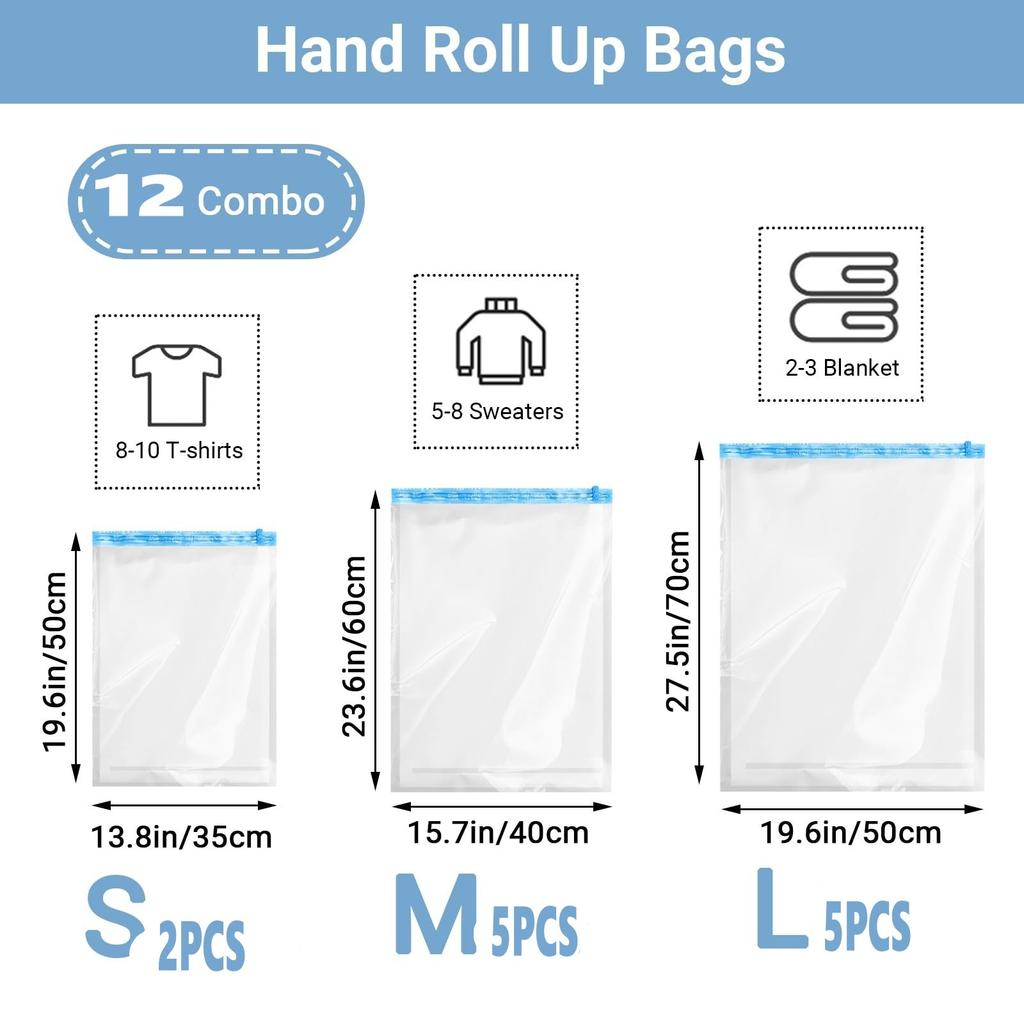 12 Roll Up Space Saver Travel Storage Bags Travel Accessories Compression Bag for Packing & Clothes, No Pump or Vacuum Needed