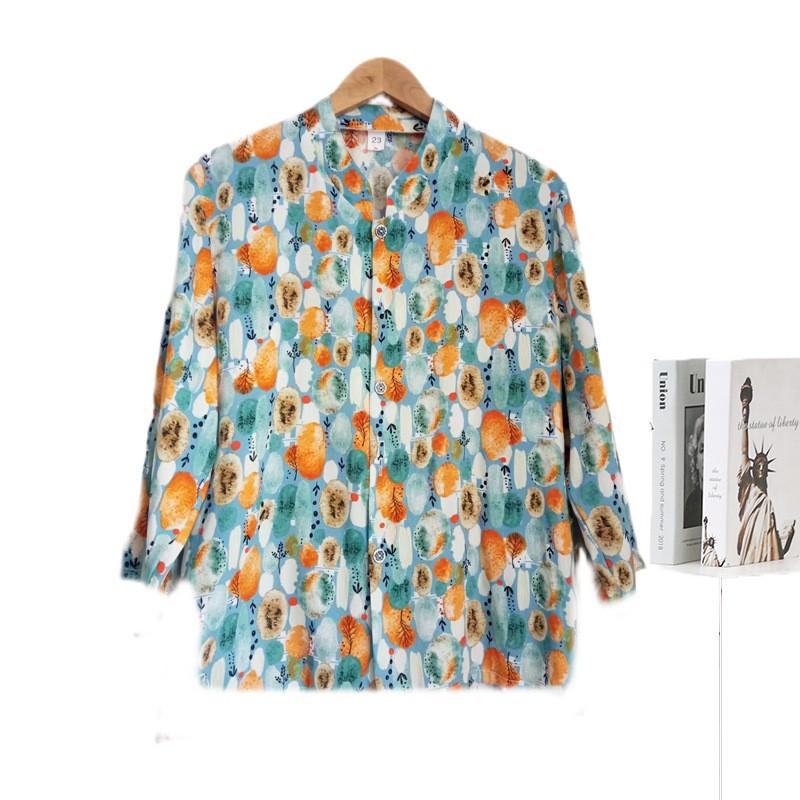 Cotton Silk Printed Standing Collar Cardigan Long Sleeve Women's Shirt Summer Thin Comfortable Breathable Rayon Top