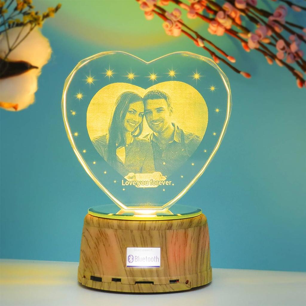 Personalized Heart Night Light 3D Crystal Lamp Custom Photo Picture Engraved Led Light 7 Color with Music Wood Base Personalized Gift for Women
