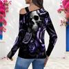 Women Plus Size Asymmetric Cutout Neck Cold Shoulder Fitted Long Sleeve Top Fire Motorcycle Printed Orange Black