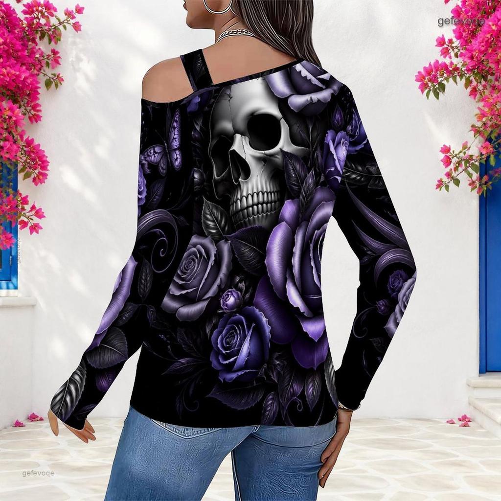 Women Plus Size Asymmetric Cutout Neck Cold Shoulder Fitted Long Sleeve Top Fire Motorcycle Printed Orange Black