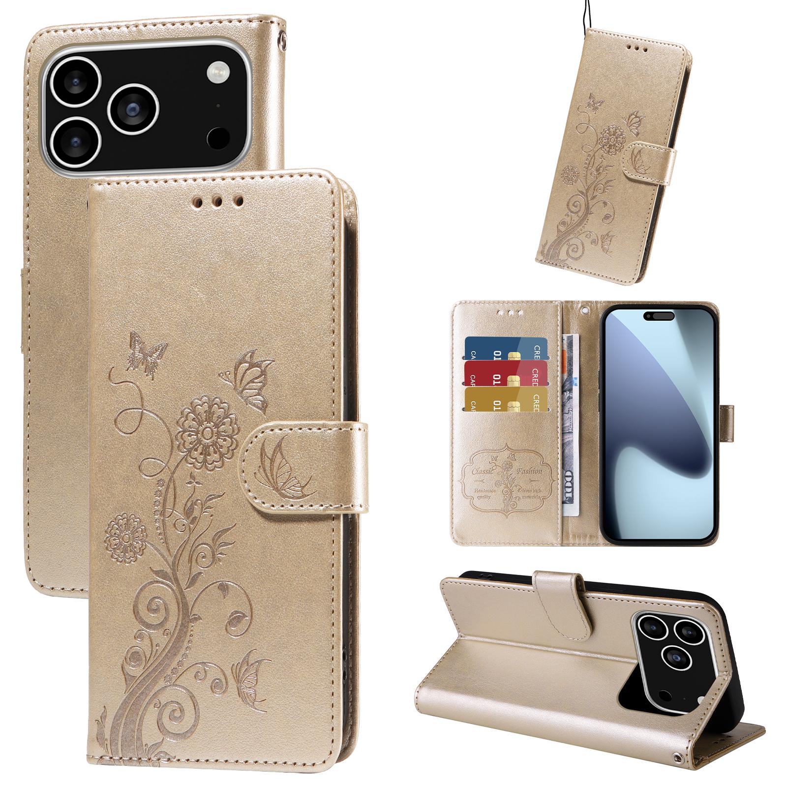 

For iPhone 17 Pro Leather Case Butterfly Floral Imprint Wallet Stand Cover Blue