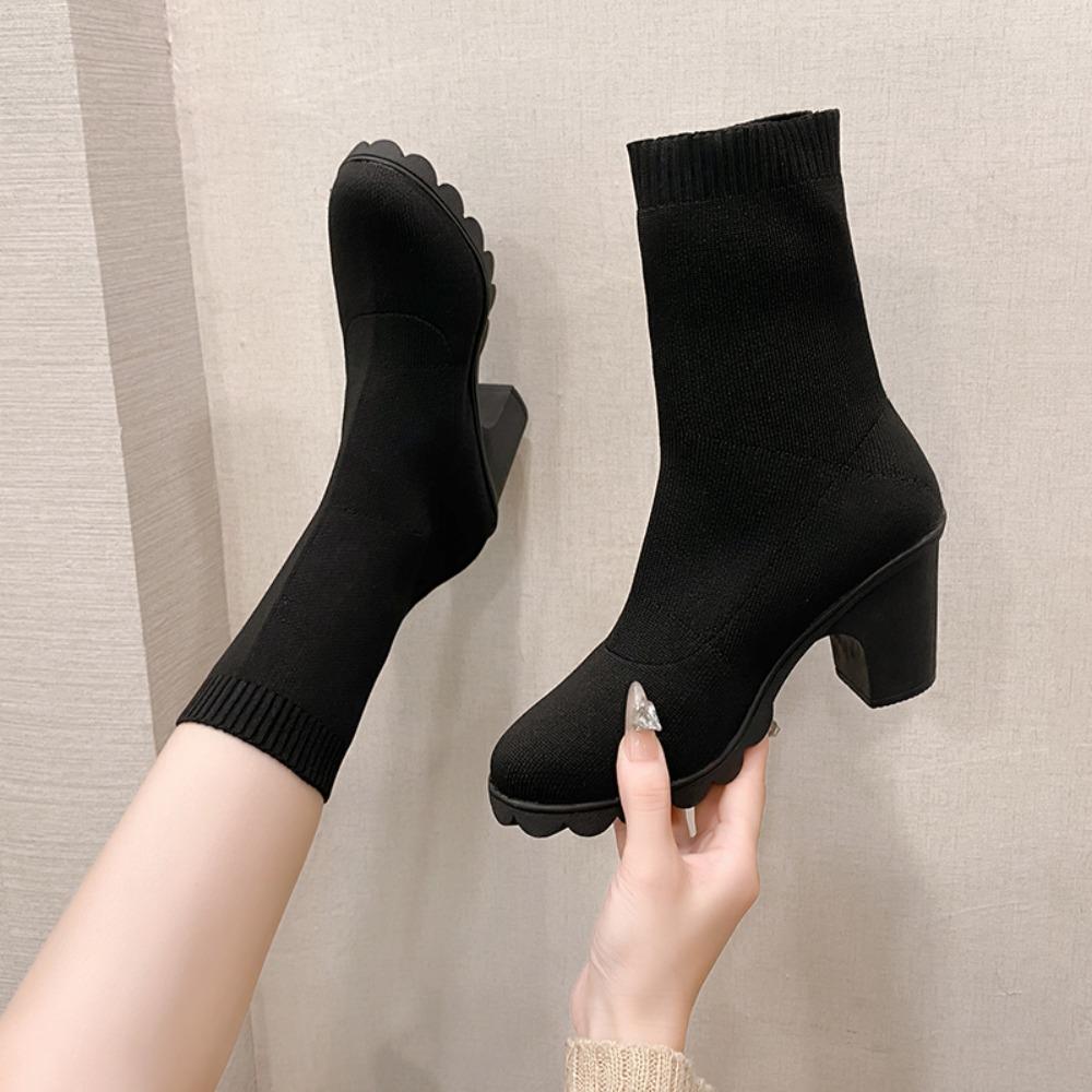Classic Minimalist Solid Color Elastic Sock Boots For Women'S Autumn Elegant High Heels, Slip On Elastic Knitted Ankle Boots