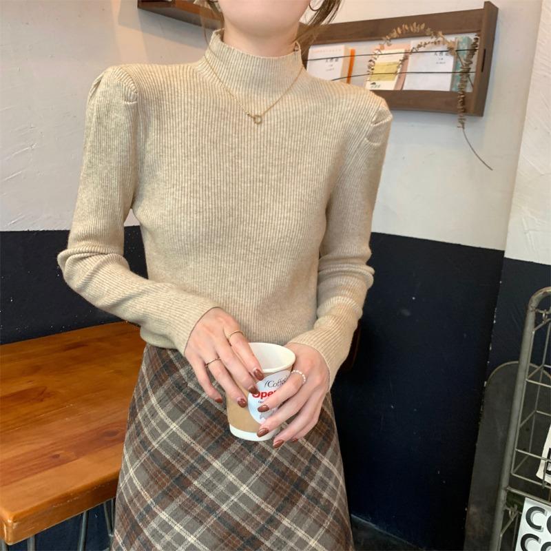 Semi-turtleneck bubble long-sleeved primer sweater for women's autumn and winter slim-fitting and thin knitted sweater short top for women