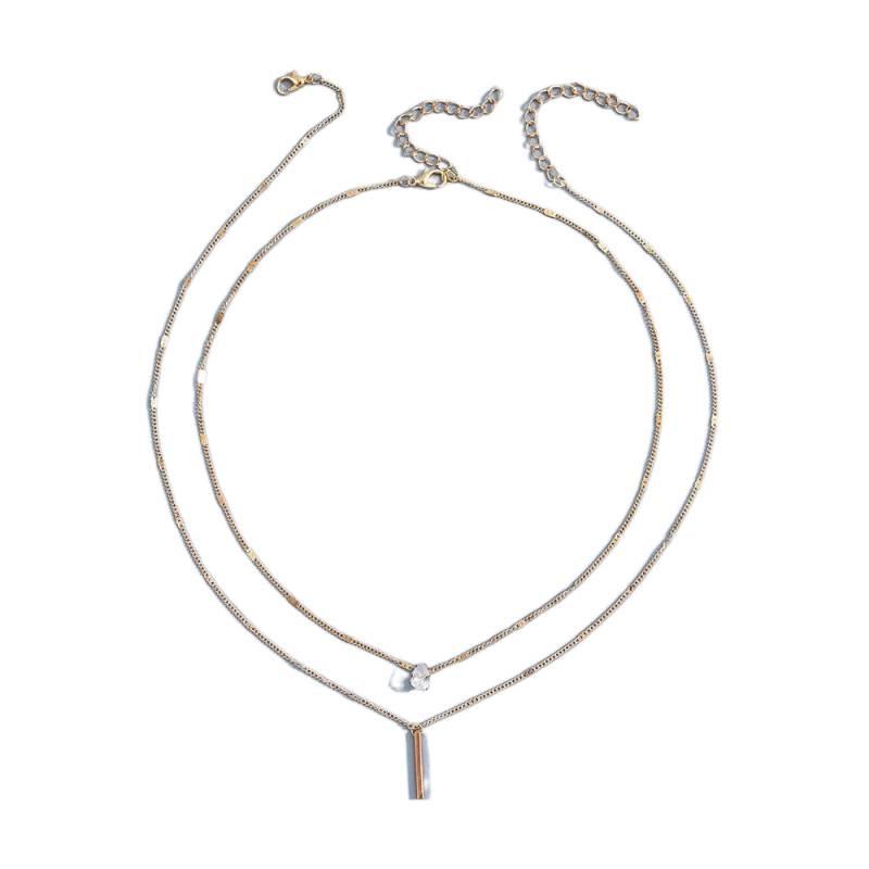 Teardrop Rhinestone Double-Layered Clavicle Necklace with Long Bar Pendant