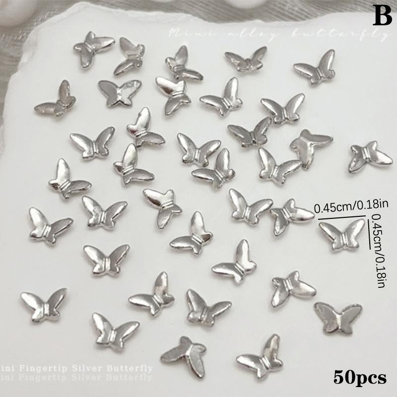 50Pcs Mini Butterfly Nail Accessories Silver Alloy Diamond Metal 3D Fingertip Tiny Butterfly Diamond Charms Decorations