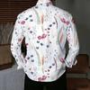 Men Collared Shirt Light Blue White Apricot Floral Leaf Print Long Sleeve Button Down Top