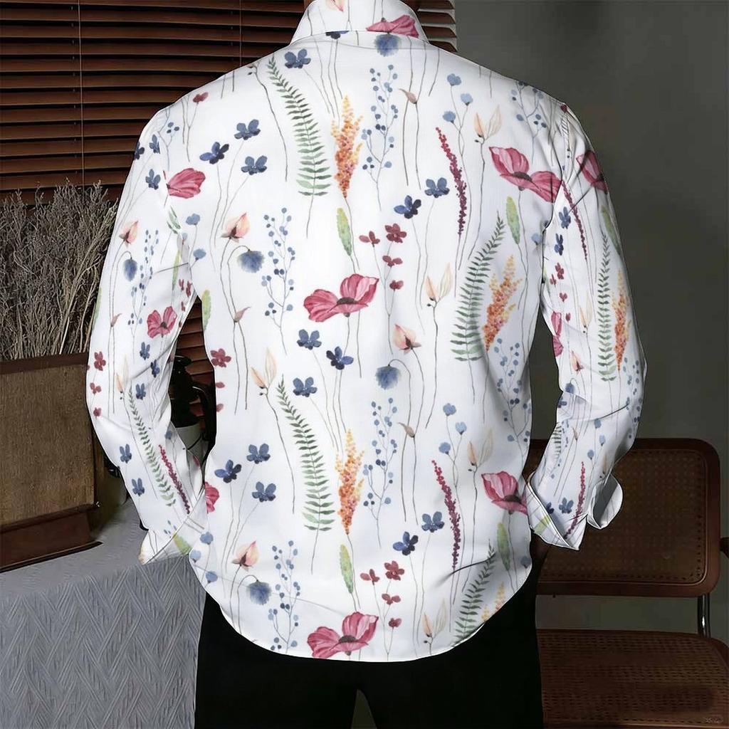 Men Collared Shirt Light Blue White Apricot Floral Leaf Print Long Sleeve Button Down Top