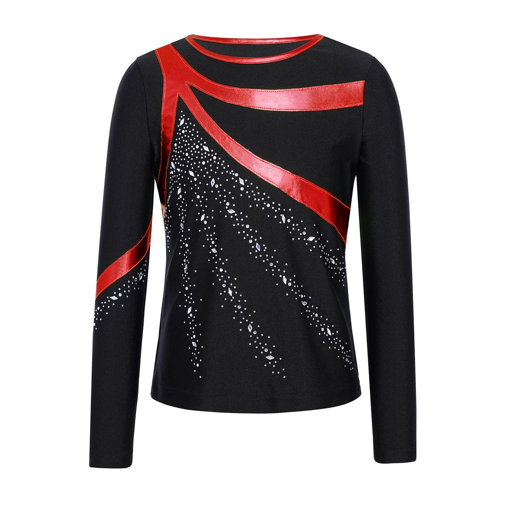 Costum patinaj artistic băieți Gât rotund Mânecă lungă Patchwork metalic Strălucitor Strassuri Top