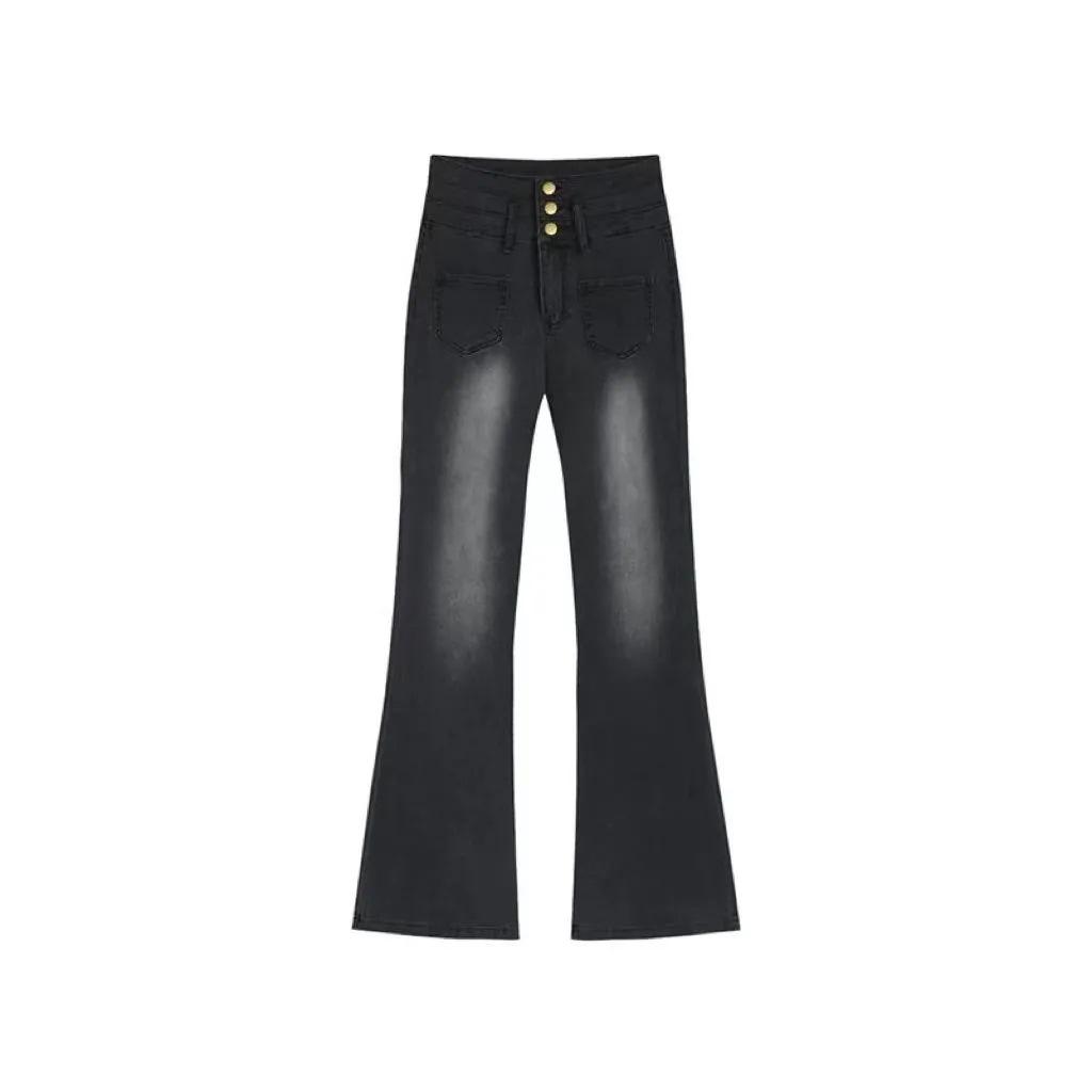 Dżinsy rozszerzane z wysokim stanem w kolorze szarym dymnym, zapinane na trzy rzędy guzików, wyszczuplający krój, styl retro, długość do podłogi, idealne na wiosnę i lato