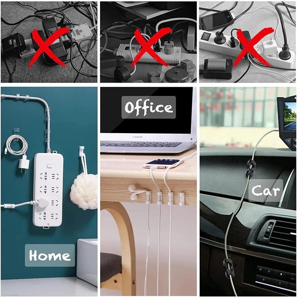 Clear Plastic Cable Clips - Transparent Wire Organizers for Wall & Desk Cable Management, Adhesive Cord Holders
