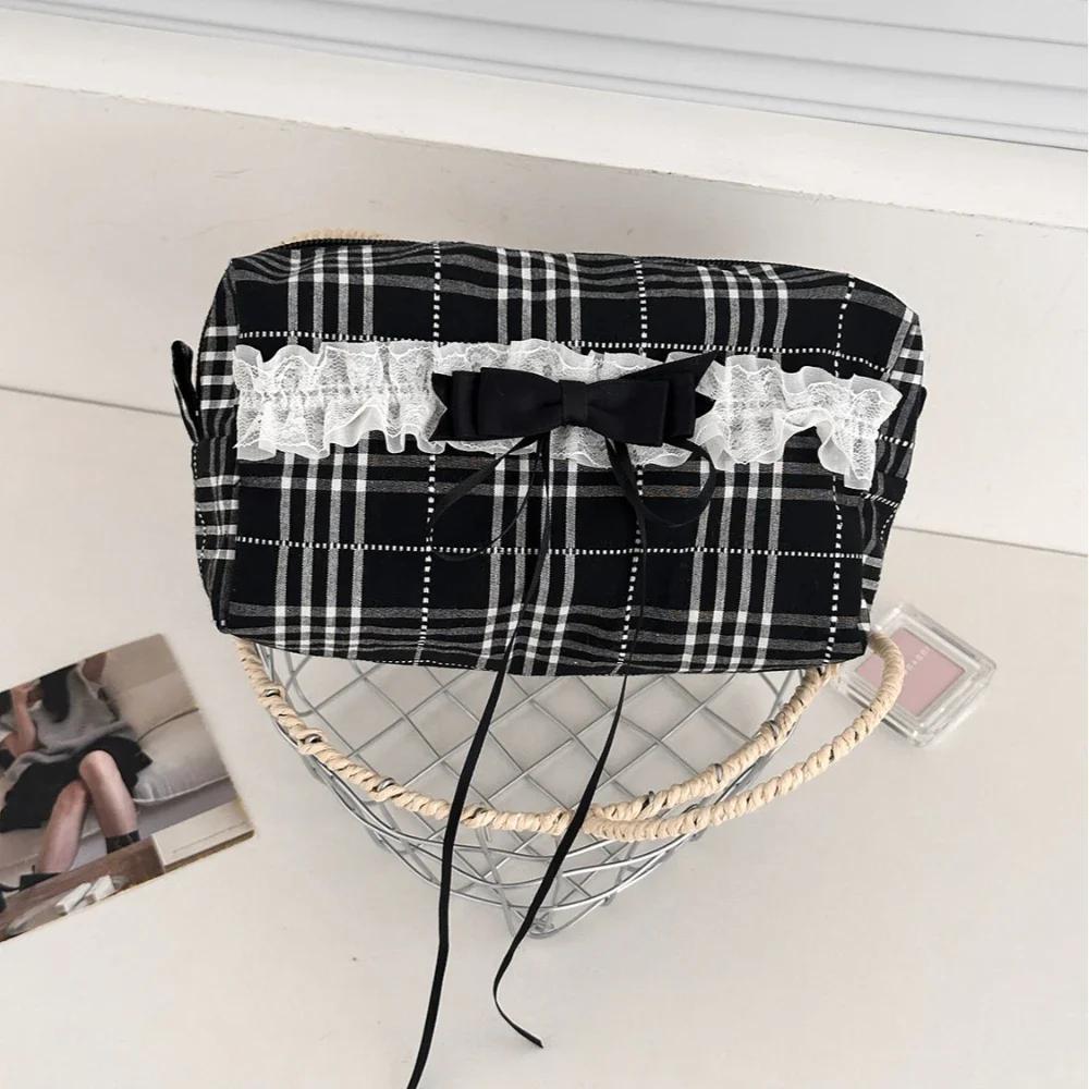 Sweet Causal Black White Checkered Makeup Bag for Schoolgirl Lace Korean Ins Style Large Cosmetic Case Cute Travel Organizer
