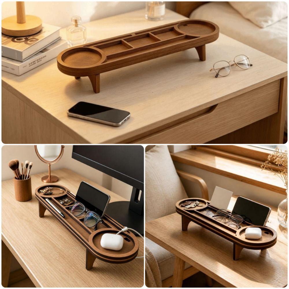 Multi-Compartment Wooden Desk Organizer Brown Desktop Phone Holder  Home Desktop