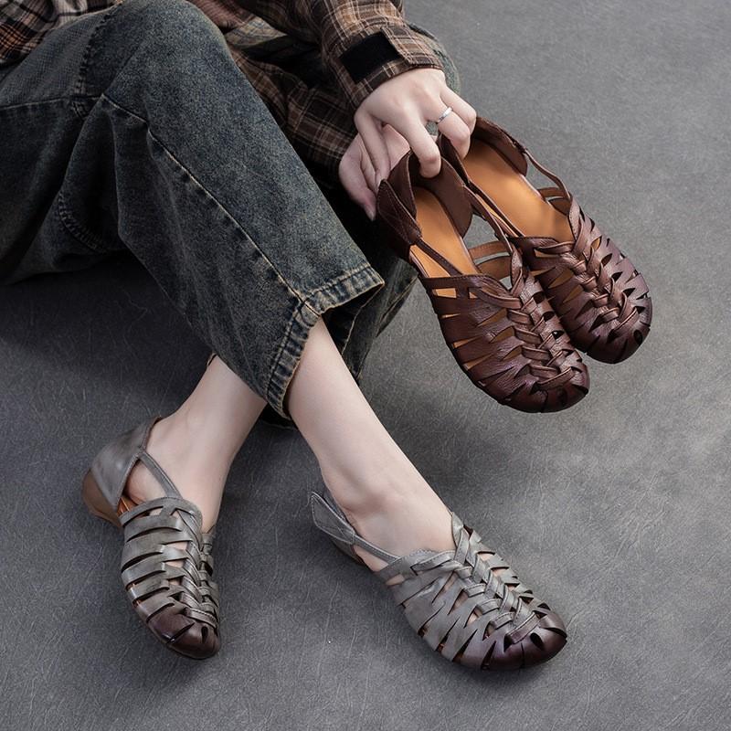 GKTINOO 2025 Summer New Genuine Leather Hollow Breathable Sandals Comfortable And Versatile Retro Women's Shoes