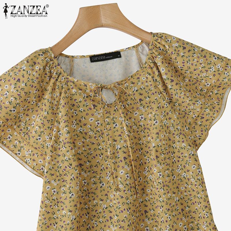 ZANZEA Women Summer Round Neck Ruffled Short Sleeve Floral Print Blouses