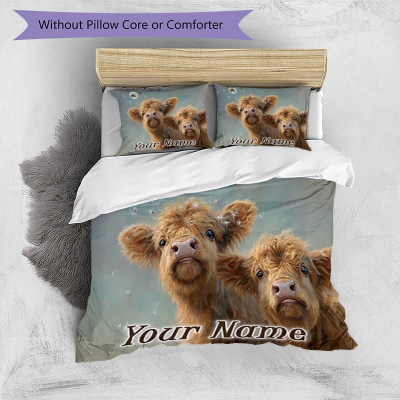3PC Custom Name Highland Cattle Dreams Bedding Set Printed Bedding Set Duvet Cover Closure Includes 1 Duvet Cover & 2 Pillowcases for All Seasons Bedr