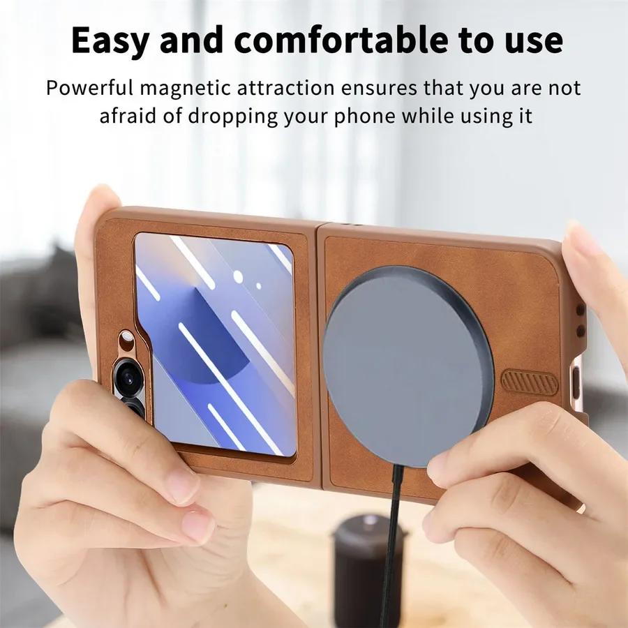 Magsafe Case for Samsung Galaxy Z Flip 6 5 4 Matte Leather Phone Cover for Samsung Z Flip4 Flip5 Flip6 Protection Cases with Screen Protector