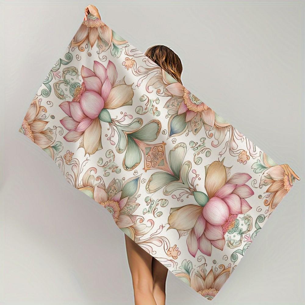 Bohemian Lotus Floral Beach Towel Patterned Sunscreen And Windproof Suitable For Swimming Pool Camping Travel Blanket