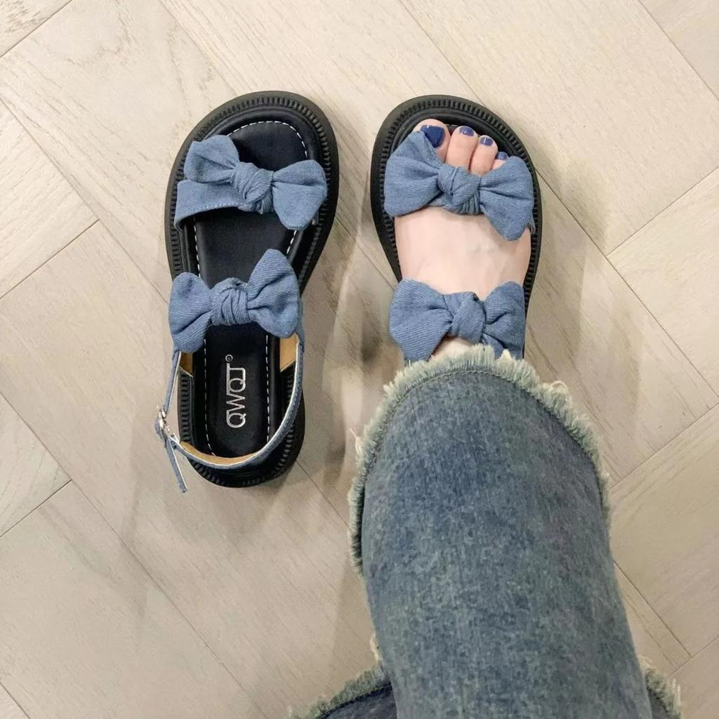 Fashion Platform One Word Blue Sandals for Women Outdoor Roman Style Bow Footwear Ladies Shoes Summer 2024 Trend Casual Comfort On Offer