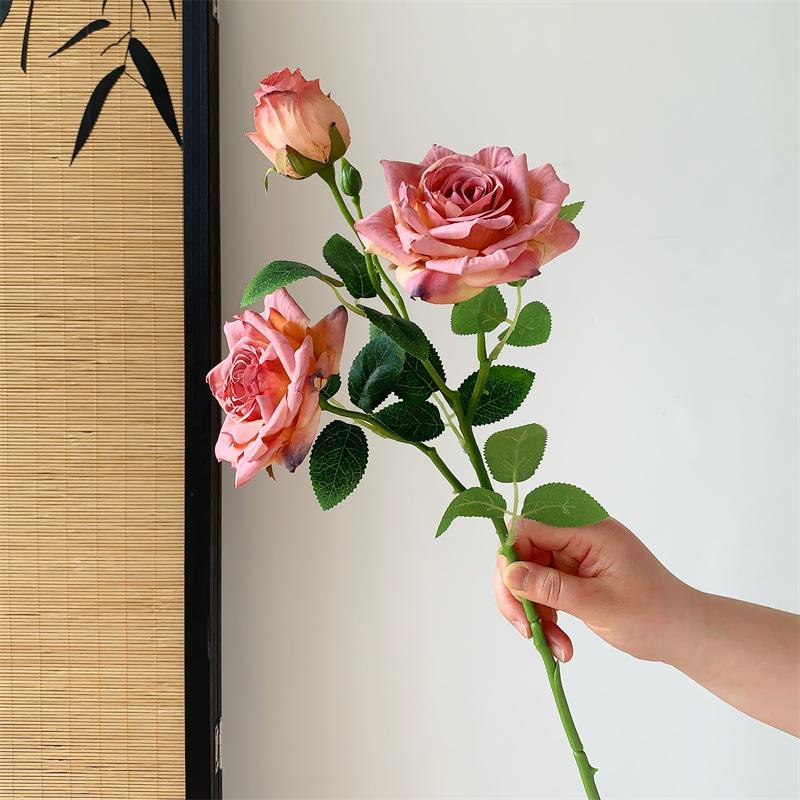 Fiore di Rosa Simulato a 3 Teste, Fiore Secco, Fiore Artificiale, Bouquet, Decorazione per Soggiorno, Oggetti di Scena per Foto
