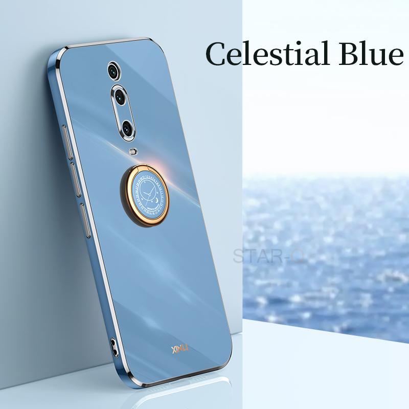 Plating Square Ring Holder Phone Case On For Xiaomi Redmi K20 Mi 9T Pro Mi9T 9TPRO Luxury Bumper Soft Silicone Stand Cover