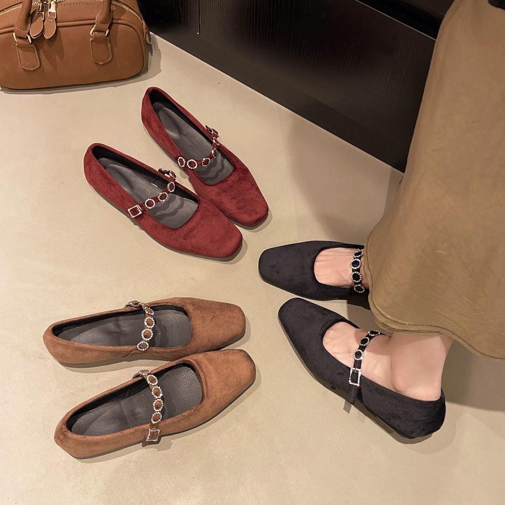 British style versatile square head thick heel with Mary Jane shoes Internet celebrity explosion suede low heel light mouth single shoes