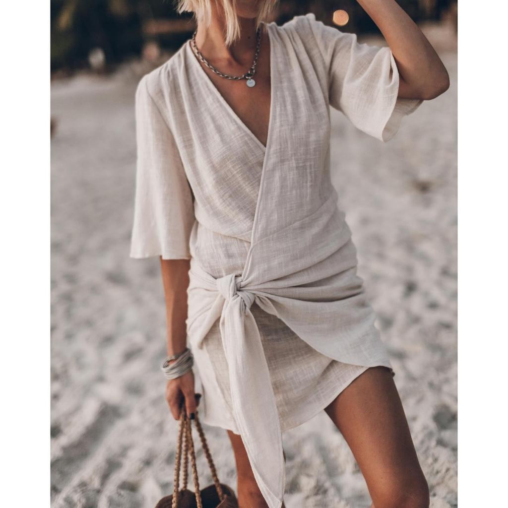 Spring and Summer Casual Cross V-neck Solid-color Short-sleeved Women's Dresses