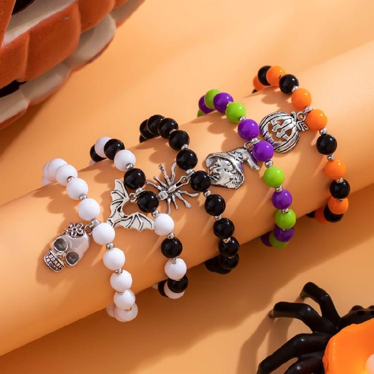 5Pieces Gothic Bracelets Halloween Beaded Handchain Pumpkin Pendant Bracelets
