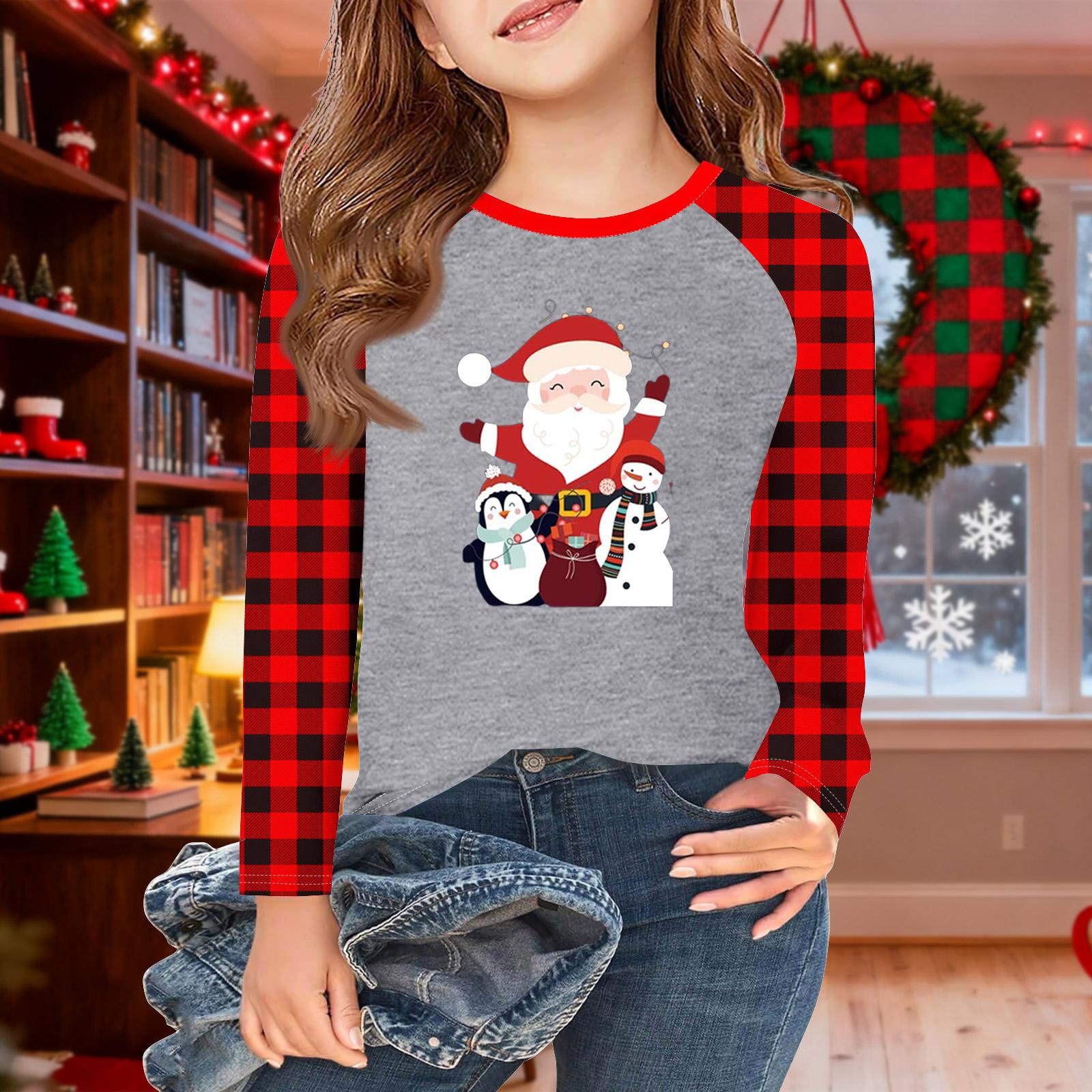 

Футболки с длинным рукавом для девочек на Рождество, детские осенние топы с круглым вырезом, базовые футболки 5-14 лет 110 белый