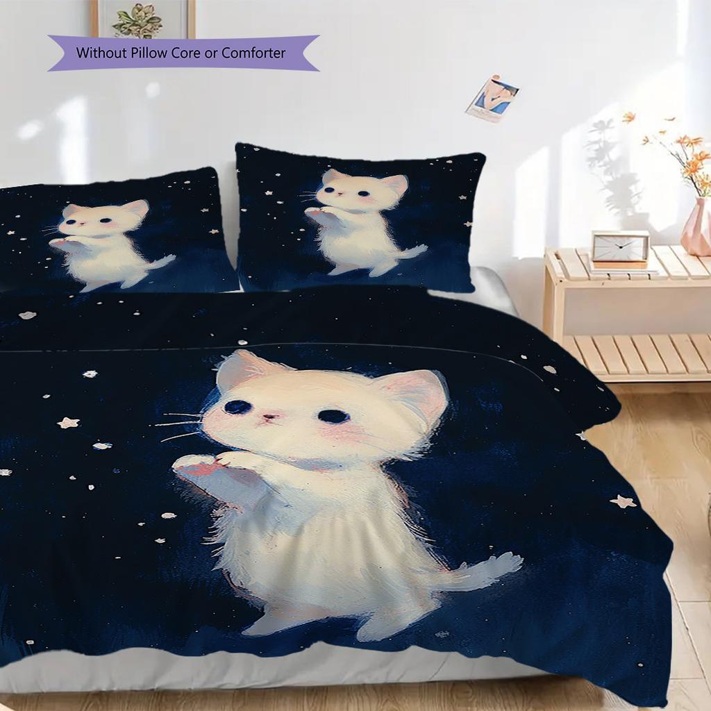 White Cat Pattern Bedding Quilt Set Quilt Cover Pillowcase Home Decoration Birthday Gift (1 * Duvet Cover + 2 * Pillowcase, Without Core)